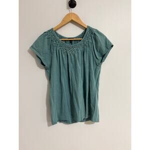 Women's Talbots XL Blouse Shirt Waffle Knitted Neckline 100% Cotton Blue Boho